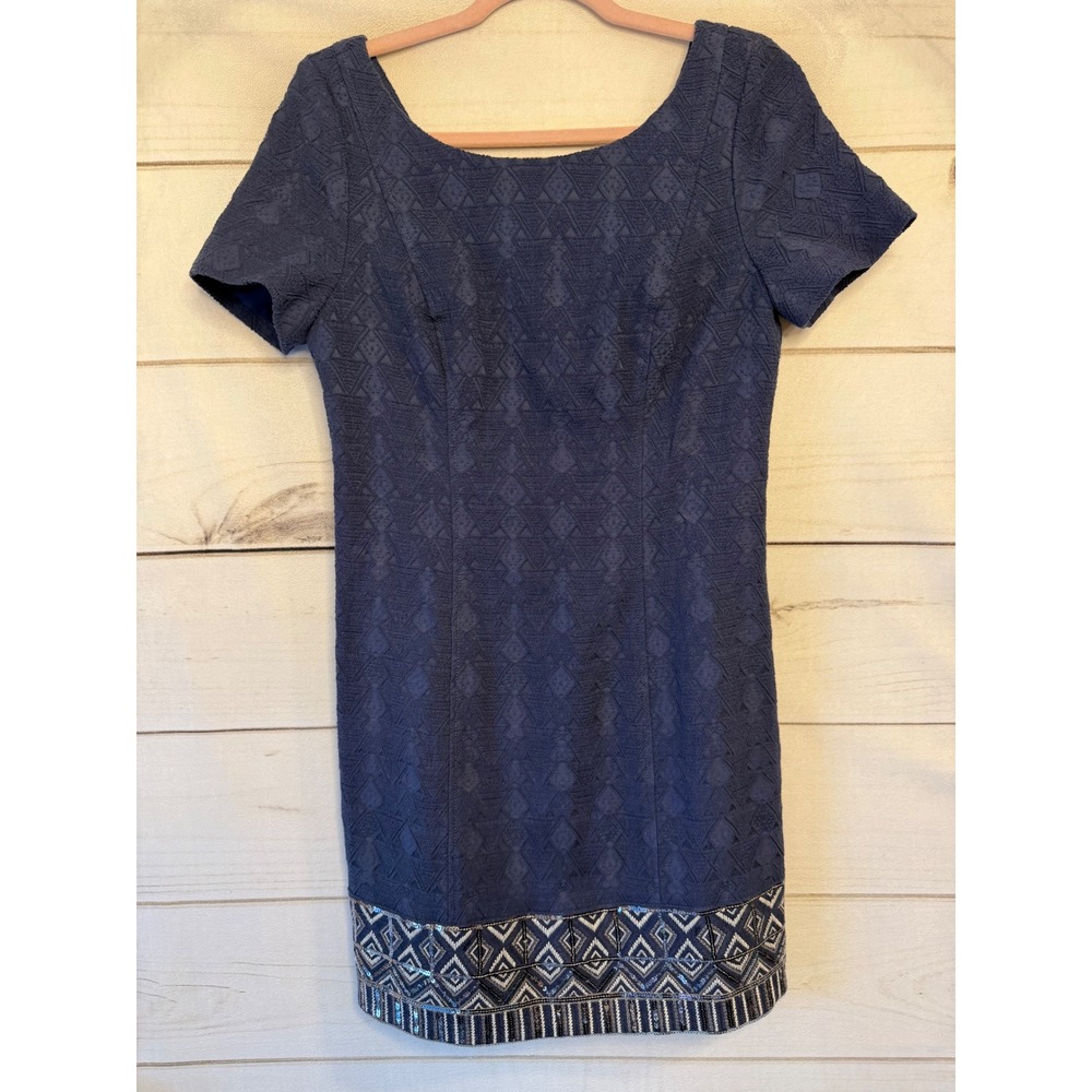 Plenty by Tracy Reese Indigo Blue Embellished Shift Dress Sequin Hem Size 6